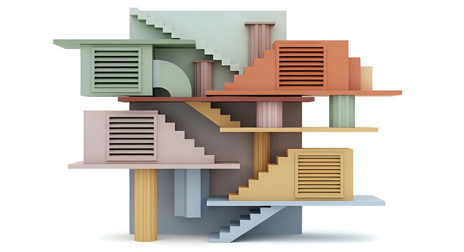 Modern abstract architecture with pastel color scheme, geometric design for contemporary art, creating a visually striking and unique architectural composition - Powered by Adobe