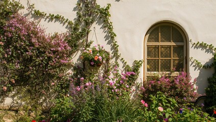 Obraz premium Sunlit exterior wall decorated with vibrant pink flowers and climbing vines, showcasing natural beauty in springtime