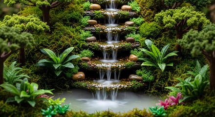 Serene miniature waterfall cascading through lush mossy terrain, a peaceful oasis of zen, perfect for nature lovers and calming backdrops, nature art, relaxation