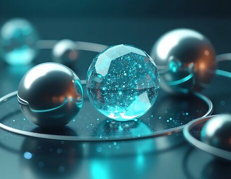 Futuristic spheres with glowing particle globe on reflective surface