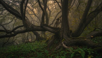 Ancient trees in a thick and enigmatic woodland, preservation