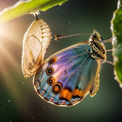 A vibrant butterfly with colorful wings is emerging from its chrysalis, showcasing intricate details and a stunning display of natural beauty in a close-up shot