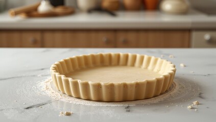 Pastry dough arranged in a pie plate on a white marble surface, preparation for baking