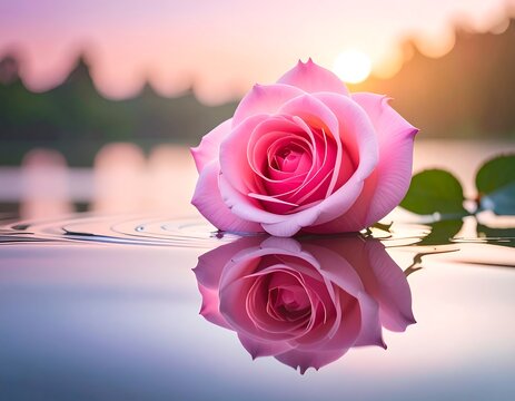 Close-up of a pink rose floating on water at sunset, serene and calm - Powered by Adobe