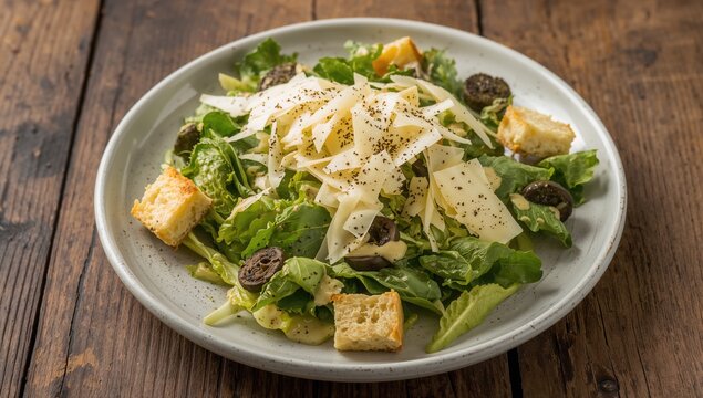 Fresh green romaine and crunchy crouton Caesar salad garnished with cheese - A nutritious choice for wellness lovers.