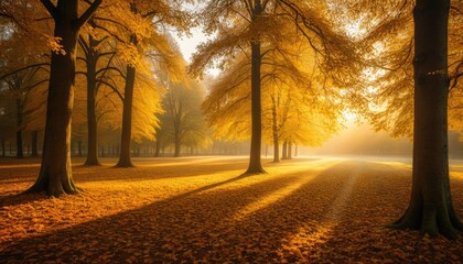 Golden Autumn Path: Sunlit Trees and Fallen Leaves in a Misty Forest Landscape - Seasonal Beauty and Tranquility