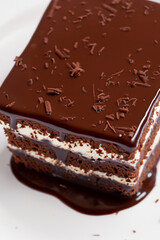 Piece of delicious chocolate cake with mint and fork on table, closeup