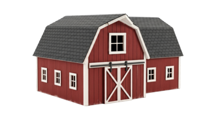Red Barn with White Trim and Gambrel Roof and Sliding Doors Detailed Architectural Model Isolated on Black Background