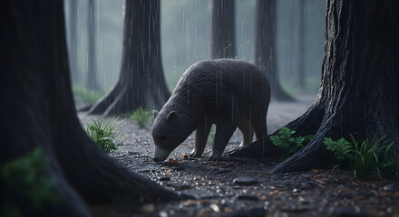 Solitary bear foraging for food in a tranquil forest during a gentle rain, evoking peace and connection with nature's quiet beauty