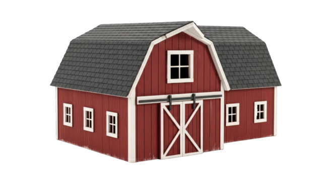 Red Barn with White Trim and Gambrel Roof and Sliding Doors Detailed Architectural Model Isolated on Black Background