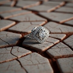 A close-up of a sparkling silver ring with a large central gemstone and intricate detailing resting on cracked, dry earth tiles under natural light