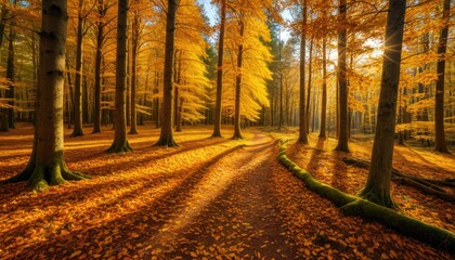 Golden Autumn Forest Path: Sunlight Streaming Through Trees, Fall Foliage, Scenic Woodland Walkway, Warm Tones, Nature's Beauty