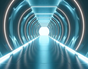 Futuristic blue neon light tunnel with glowing geometric rings