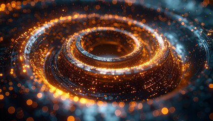 Illuminated Spirals: A mesmerizing display of light and geometry, showcasing swirling spirals illuminated by radiant, energy-like particles, hinting at innovation.