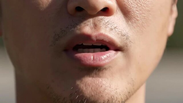 Close Up Extreme Detail Of A Man's Sweaty Mouth And Chin With Stubble And Shiny Lips Outdoors Daytime Natural Light