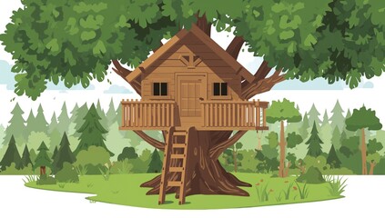 A treehouse designed for children's play, featuring ladders and a rural backdrop, ideal for outdoor leisure