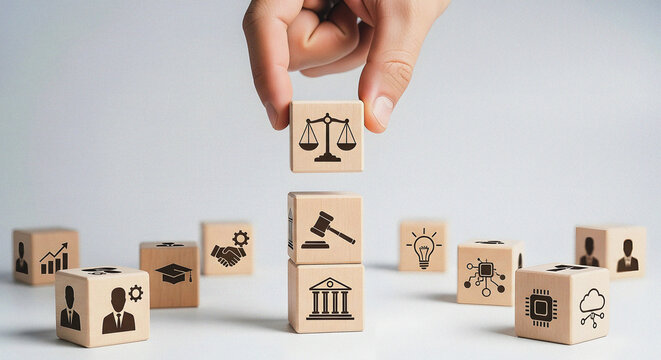 Legal Compliance and Regulatory Framework: Hand Placing the Scales of Justice Icon on Stacked Business and Law Wooden Cubes Concept for Corporate Governance, Ethics, Justice System, and Implementing R - Powered by Adobe