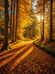 Golden Autumn Forest Path: Sunlit Trees and Fallen Leaves - A Magical Fall Landscape Photography Scene