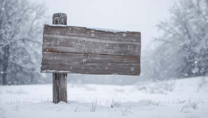 Wooden blank sign resting on snow, suitable for winter signage