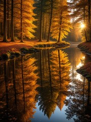 Golden Autumn Forest Reflection: Serene River Landscape with Sunlight Streaming Through Trees - Fall Foliage Scene