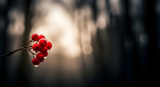 Stunning close-up of vibrant red rowan berries glistening with water droplets and frost, evoking a crisp autumn or winter mood.