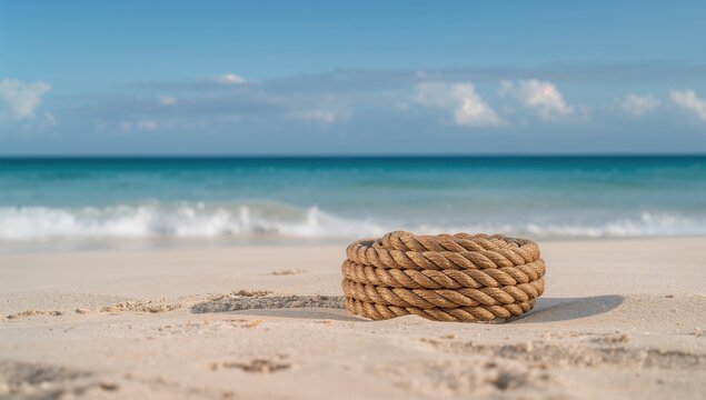 Skein of rope on white sand, suitable background for text layout