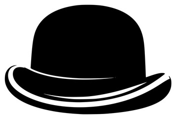 A black and white silhouette of a bowler hat, black, brim, cowboy hat, dress hat, fedora, hat, icon, illustration, peak, plug hat, profile, sun hat, against transparent background