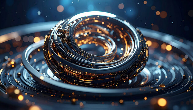Futuristic Tech Design: Abstract high-tech artwork, showcases a dynamic, illuminated, and three-dimensional digital design of a swirling metallic object with radiant elements.