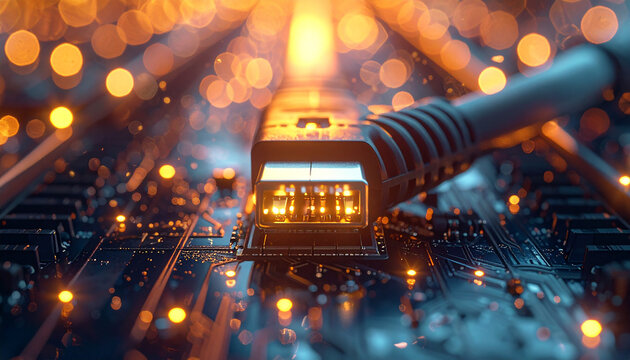 Ethernet Cable Connection: A macro shot highlights an ethernet cable connection, electrical circuit board with a soft, warm bokeh effect
