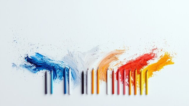 A collection of colored pencils and vibrant paint strokes in blue, white, orange, red, and yellow are arranged on a white surface.