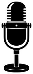 A black and white silhouette of a vintage microphone, black, flat, icon, illustration, microphone, profile, stand, against transparent background