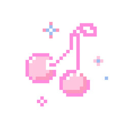 Fototapeta premium Cute pixel cherry with sparks, y2k pink sweet fruit. Game arcade nostalgic video retro element. 