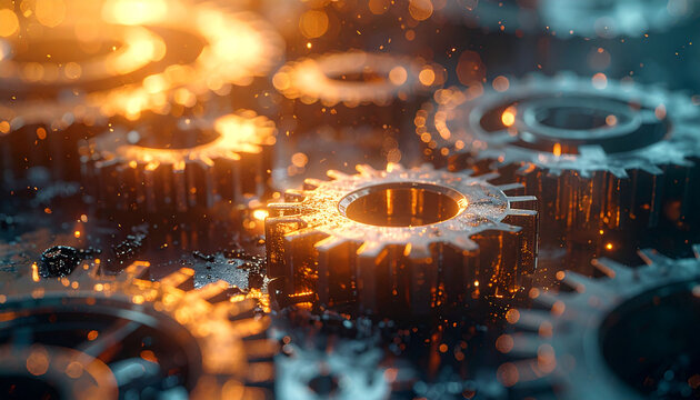 Precision Gears in Motion: A close-up view captures a symphony of meshing gears, bathed in warm, golden light, symbolizing the intricate mechanics of progress and innovation. 