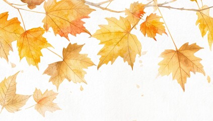 Watercolor painting of autumn leaves on a white backdrop, seasonal change