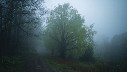Park alley enveloped in dense fog, highlighting urban isolation