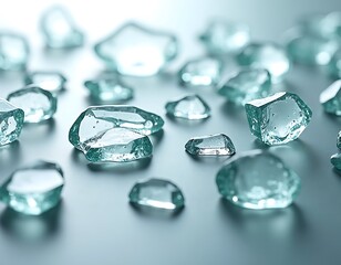 Sparkling aqua blue glass shards on a smooth reflective surface