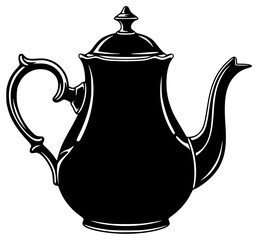 A black and white silhouette of a teapot, black, boiler, illustration, profile, tea, tea pot, against transparent background