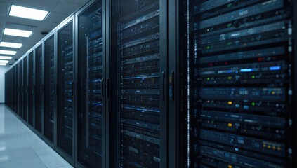 Rows of fully functional server racks in a data center, efficiency