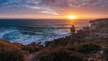 Sunset illuminating rocky coastline by the Pacific Ocean, highlighting erosion risk