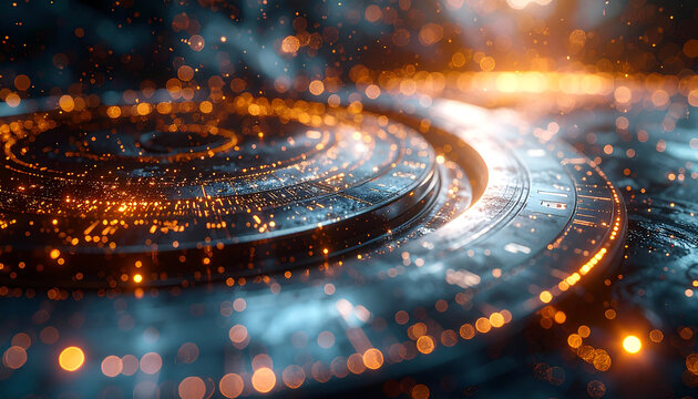 Glowing Circuitry: An intricate network of shimmering circuits, illuminated by a warm, golden light, showcases the beauty of modern technology. 