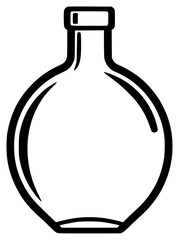 A black and white outline drawing of a glass bottle, alcohol, black, bottle, flask, icon, illustration, liquid, perfume, against transparent background