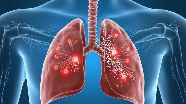 Medical Visualization of Human Lungs with Illuminated Areas Displaying Respiratory System Anatomy