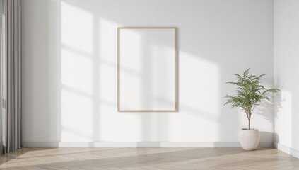 Fototapeta premium Modern home interior featuring a mock-up poster frame, suitable for minimalistic decor, UI backdrop