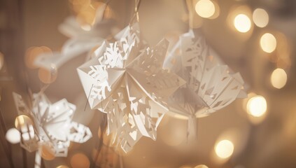 Scandinavian-style origami snowflakes made from craft paper, ideal for winter decoration