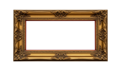 Ornate Antique Golden Picture Frame with Decorative Carvings and Blank White Copy Space Isolated on a White Background Luxurious and Elegant Wide Horizontal Empty Photo or Painting Border for Gallery,