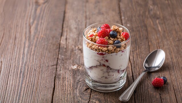 Homemade granola served with yogurt and fresh berries in a glass on a wooden surface, fiber-dense choice