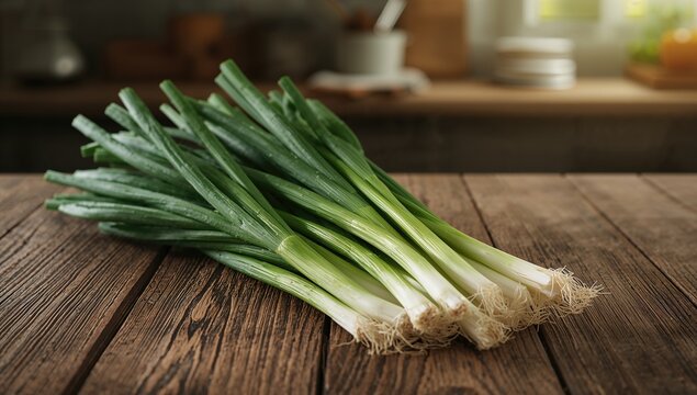 Fresh green spring onions displayed on rustic wood
