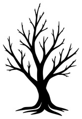 A black and white silhouette of a bare tree with no leaves, black, illustration, profile, tree, against transparent background