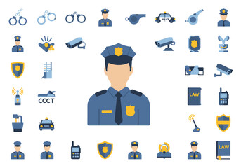 Collection of flat design illustrations and symbols relating to law enforcement and safety