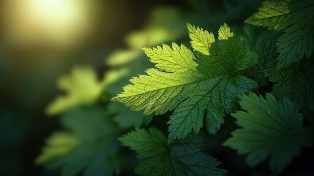 Sunlit green leaves, close-up, nature background, perfect for eco-themed designs